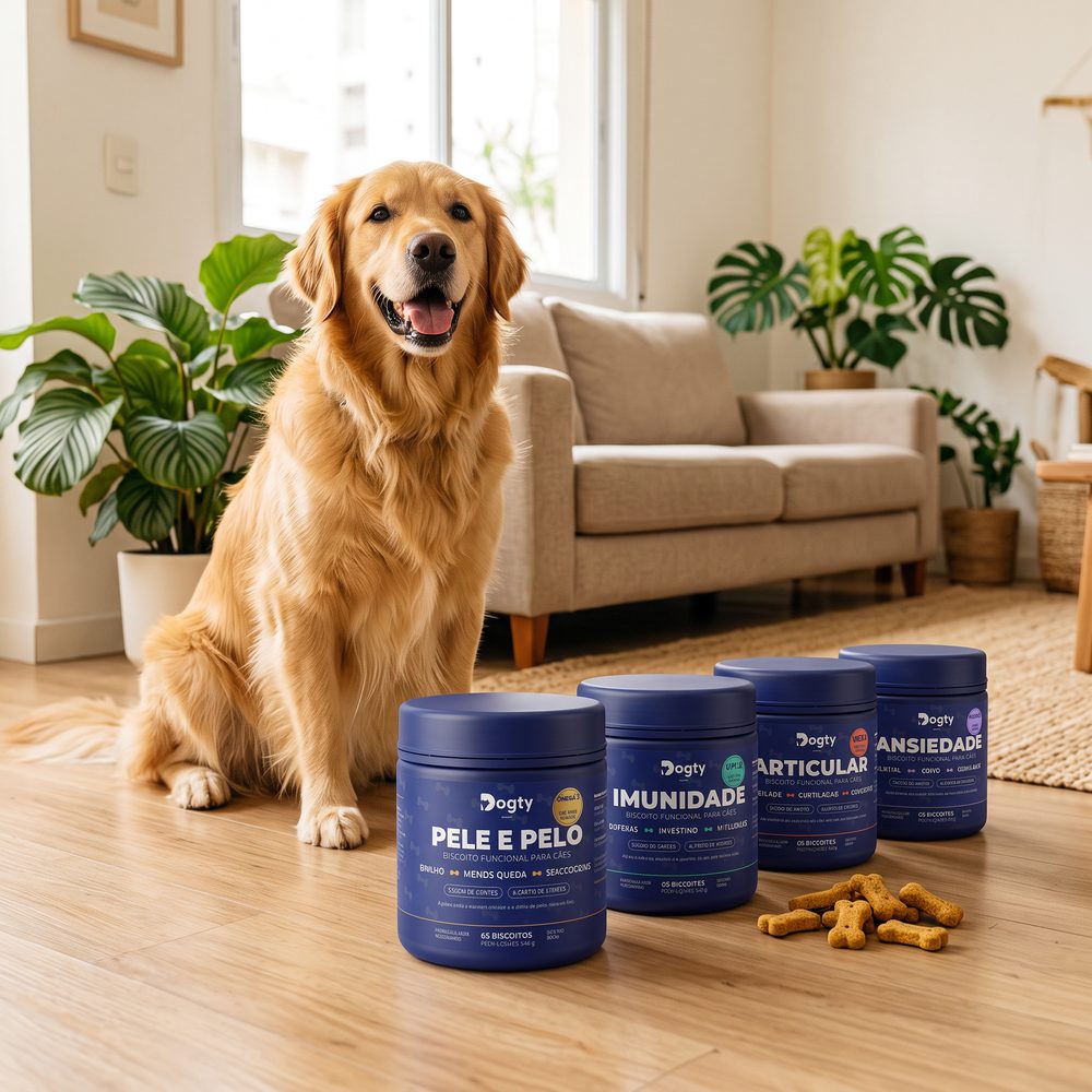 Golden retriever ao lado dos quatro potes da linha Dogty