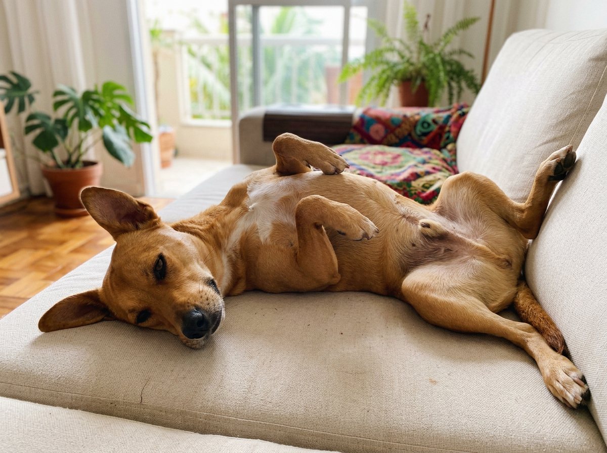 Cão deitado de barriga para cima, relaxado